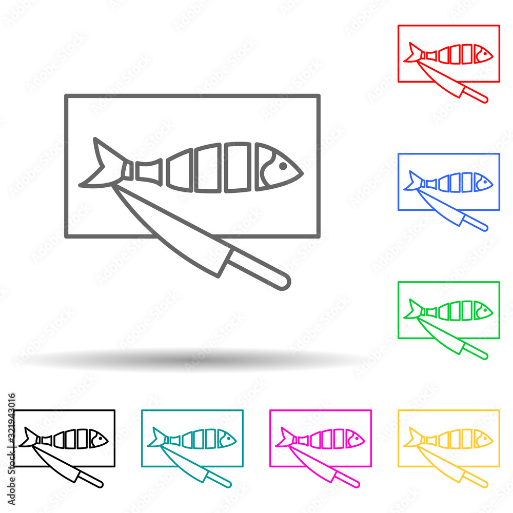 Aufkleber fish on a kitchen board multi color style icon. simple thin line, outline vector of fish production 