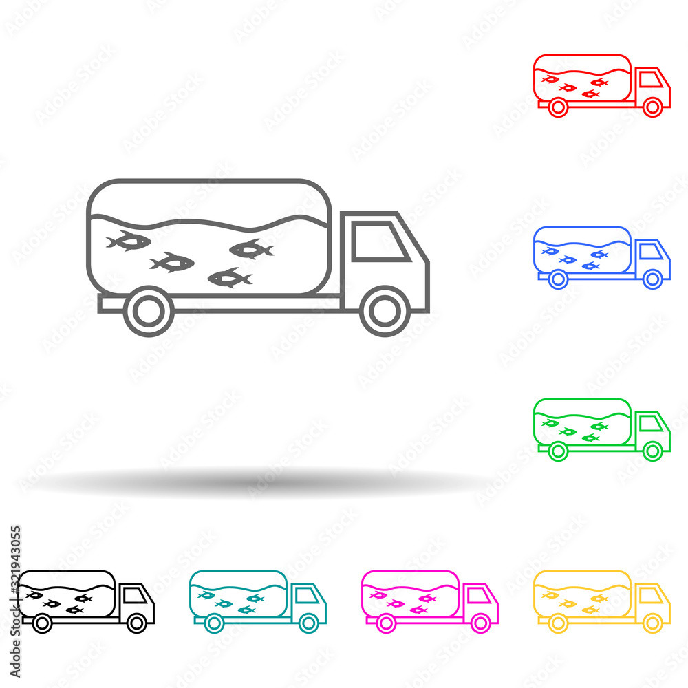 Poster fish truck multi color style icon. simple thin line, outline vector of fish production icons for ui 