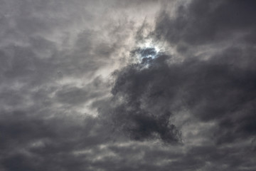 Dramatic sky. Gray clouds. Cold weather front. Low autumn sky. The beauty of the air masses. Natural background of gray rainy clouds.