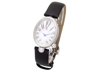 Female wrist watch in a silver case with a black leather strap isolated on white background.