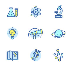 Set of science related icons in linear color style isolated on white background 