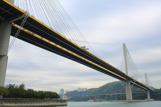 hong kong bridge, Tsing Ma Bridge and beach scenes in summer. suspending bridge cross between the island © LT