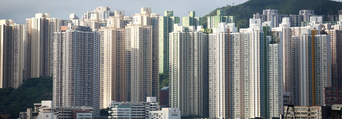 tall building of skyline , hong kong old area, crowded housing