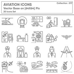 Transportation and Aviation Airport Icon Set, Icons Collection of Transport Airline for Business Travel Service. Infographic of Passenger Aircraft and Terminal, Vector Illustration Design.