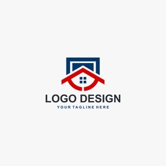 Real estate logo design. Shield house abstract symbol. Outline shield and home icon vector.