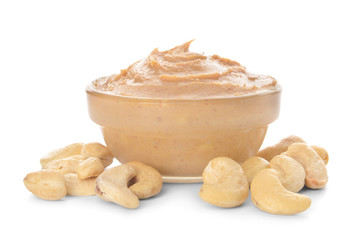 Bowl of cashew butter on white background