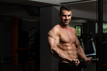 Obraz na płótnie Canvas Man Exercising Biceps In The Gym