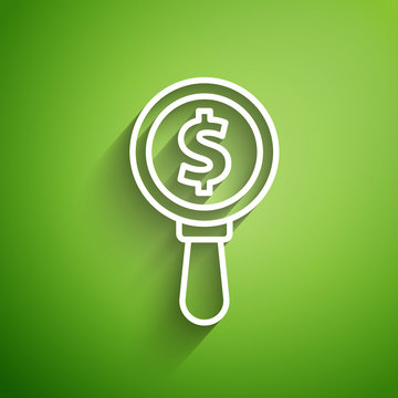 White Line Magnifying Glass And Dollar Symbol Icon Isolated On Green Background. Find Money. Looking For Money. Vector Illustration