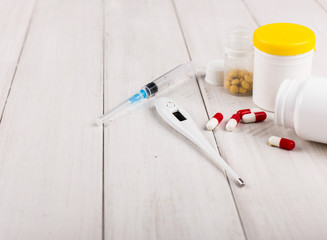 Concept of new chinese corona virus. Medicine equipment and pills