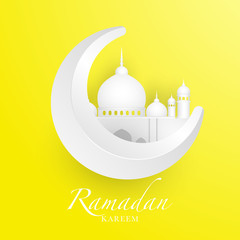 Crescent moon and mosque  ramadan kareem greeting banner with arabic letter calligraphy 3d vector illustration