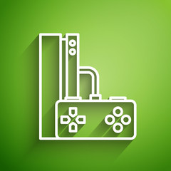 White line Video game console with joystick icon isolated on green background. Vector Illustration © Oksana