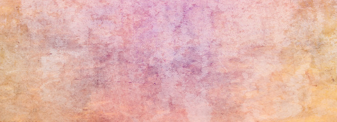 Yellow pink and purple painted background texture with distressed faded white grunge in dirty rough material design