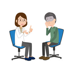 	女性医師　説明　男性　高齢者　問診　診断　ショック　おじいさん