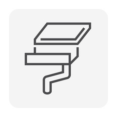 Box or square style gutter vector icon. Also call rain gutter or eavestrough. Include roof, downpipe or downspout and pipeline for water drainage system to protect building from rainwater falling.