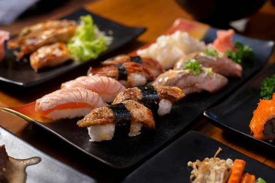 Nigiri sushi set with foie gras , wagyu