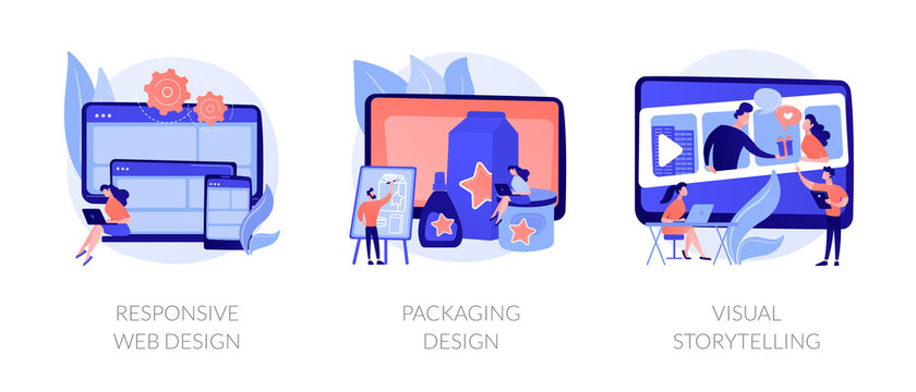 Cross platform development, brand development, content marketing icons set. Responsive web design, packaging design, visual storytelling metaphors. Vector isolated concept metaphor illustrations