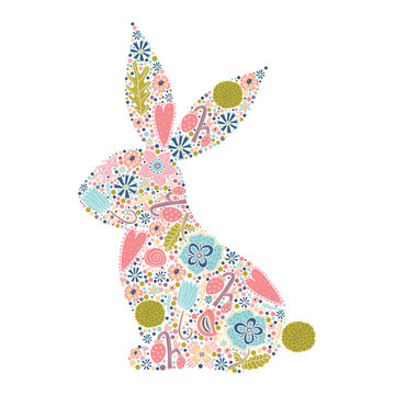 Floral silhouette of an Easter Bunny. Cute vector illustration.