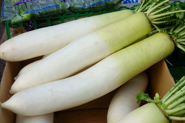 八百屋の店頭、乱雑に並べられた青首大根