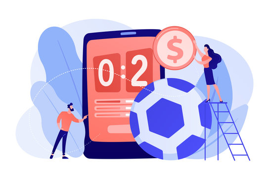 Tiny people, businessman betting on football and bookmaker at big smartphone with score. Sports betting, bookmaker market, sports wagering concept. Pinkish coral bluevector isolated illustration