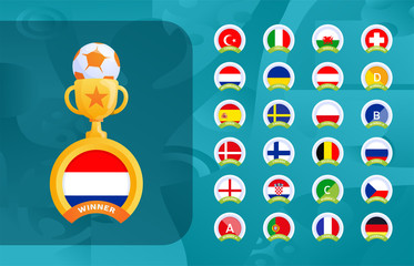 Football 2020 Sport champion medal templates for the Football Championship 2020 vector stock set with country flag and gold cup. Design backgrounds and brand elements.