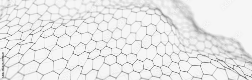 Poster futuristic white hexagon background. futuristic honeycomb concept. wave of particles. 3d rendering.