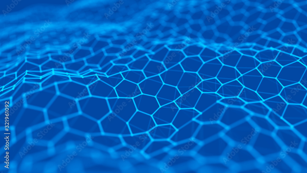 Poster futuristic blue hexagon background. futuristic honeycomb concept. wave of particles. 3d rendering.