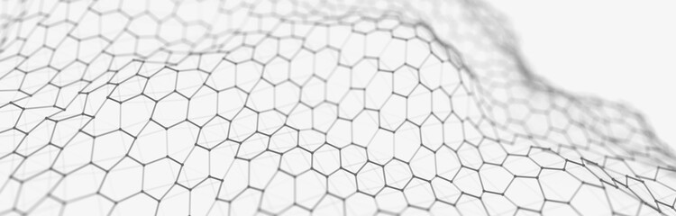 Futuristic white hexagon background. Futuristic honeycomb concept. Wave of particles. 3D rendering.