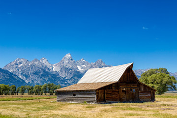 Iconic T. A. Moulton barn and Teton peaks in Grand Teton National Park, WY