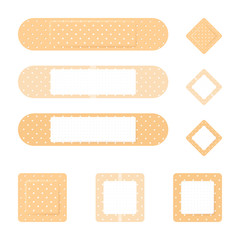 Vector set of 9 medical bandage images. 3 types of adhesive patches with / without wrapper on adhezive side. First aid item for damaged skin protection. Different plasters isolated on white.