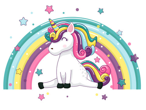 Cute Cartoon Unicorn Characters. Star and rainbow colorful. Vector art illustration with happy animal cartoon
