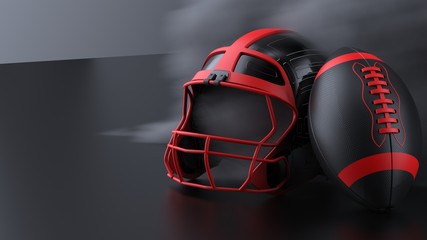 American football red-black helmet and Ball with dark black toned foggy blur smoke under black-white laser lighting. 3D illustration. 3D high quality rendering.