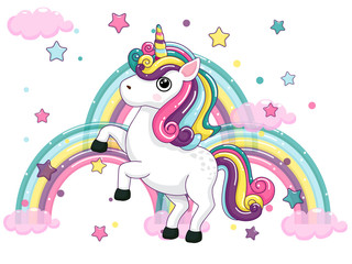Cute Cartoon Unicorn Characters. Star and rainbow colorful. Vector art illustration with happy animal cartoon © eakdesign