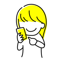 線画の若い女性のイラスト。スマホを触っている女性のペン画風。