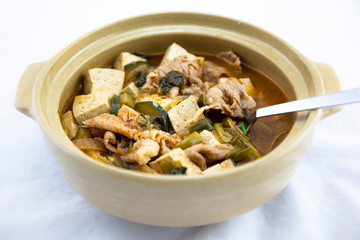 Soybean Paste Stew with Beef Brisket which is called Cadobagi Doenjan Jjigae in Korean