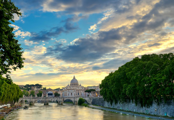 A view along the Tiber River towards Vatican City in Rome, Italy.
