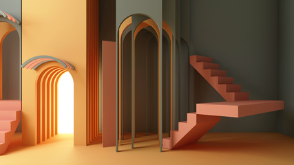 3d render illustration in modern geometric style Arch and stairs in trendy minimal interior Gradient pastel colors background Abstract composition - 321966072