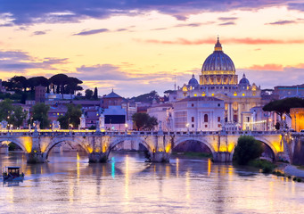 Naklejka na ściany i meble A view along the Tiber River towards Vatican City in Rome, Italy.