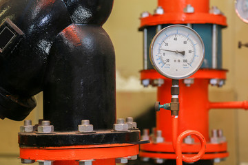 pressure gauge psi meter in pipe and valves of fire emergency system industry.