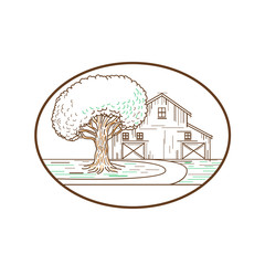 American Barn Oak Tree Mono Line Oval