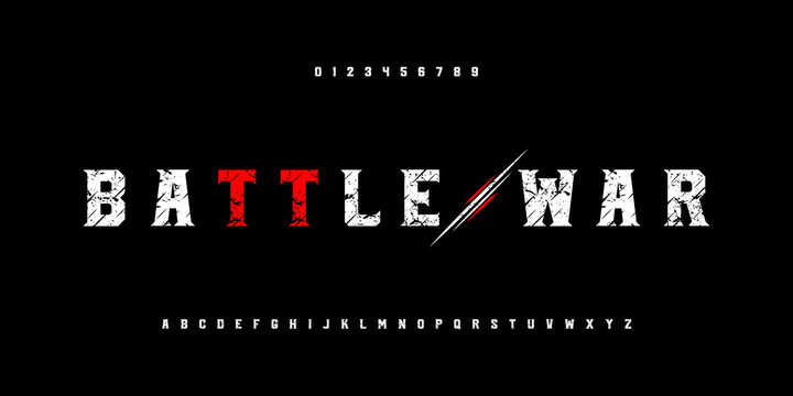 Battle war and warrior alphabet fonts and numbers set. Strong sport and action typography font style. Vector illustration
