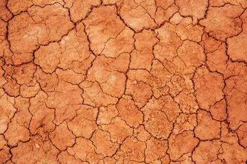 Nature background of cracked dry lands. Natural texture of soil with cracks. Broken clay surface of barren dryland wasteland close-up. Full frame to terrain with arid climate. Lifeless desert on earth