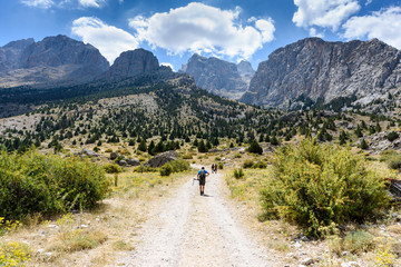 Obraz premium Turkey, Chamard - August 3, 2019: Tourists walk along the road through the mountain landscape in the Turkish national Park aladag in summer day, view from the back