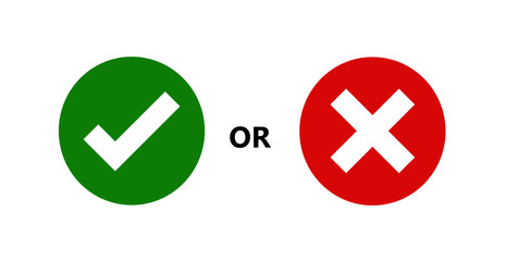 Fototapeta premium Tick and cross signs. Green checkmark OK and red X icons, isolated on white background. Simple marks graphic design. symbols YES and NO button for vote, decision, approval and disapproval,vector icons