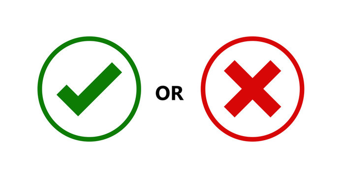 Tick and cross signs. Green checkmark OK and red X icons, isolated on white background. Simple marks graphic design. symbols YES and NO button for vote, decision, approval and disapproval,vector icons