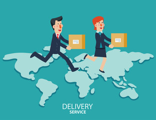 Young businessman and business woman running over the world map. Post letter, delivery service or e-mail vector concept
