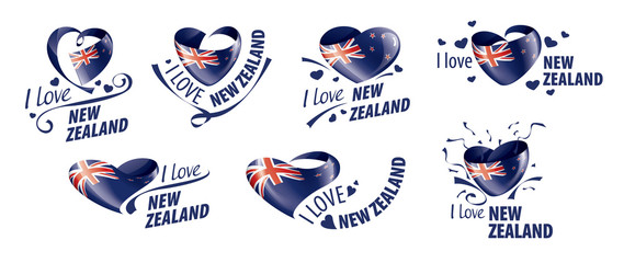 National flag of the New Zealand in the shape of a heart and the inscription I love New Zealand. Vector illustration