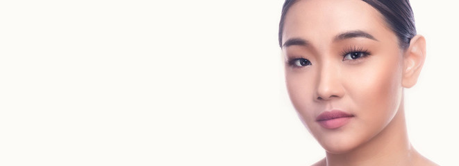 Fototapeta premium Beautiful Young Asian Woman with Clean Fresh Skin isolate on white background. Spa, Face care, Facial treatment, Beauty and Cosmetics concept. Leaning right. Banner frame.