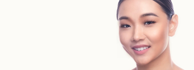 Fototapeta premium Beautiful Young Asian Woman with Clean Fresh Skin isolate on white background. Spa, Face care, Facial treatment, Beauty and Cosmetics concept. Leaning right, big smile. Banner frame.