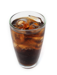 Drink cola with ice in glass on white background