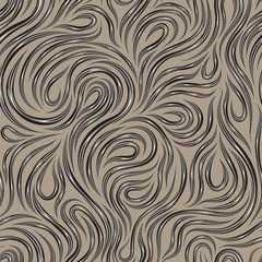 Seamless beige vector texture for decoration of fabrics or paper out of cut lines with white marrows spinning in the form of loops and spirals on a dark background